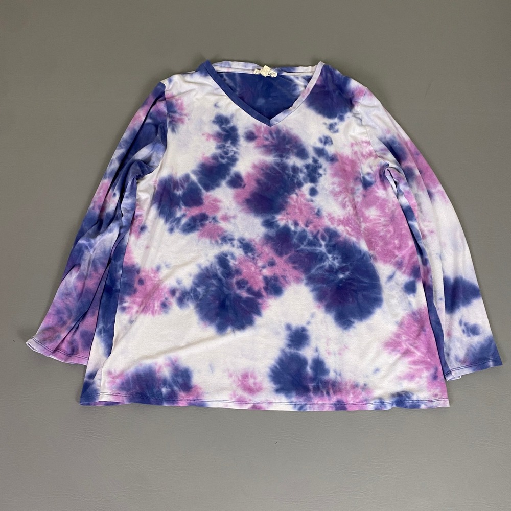 Urban‎ Diction Top Women's Plus 3X Purple Pink White Tie Dye V Neck Long Sleeve